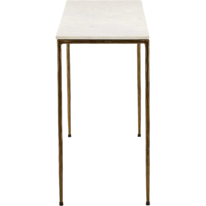 Erik Console Table by Arch & Plane in white marble, antique brass finish. Made from marble top with forged iron base in a modern style.