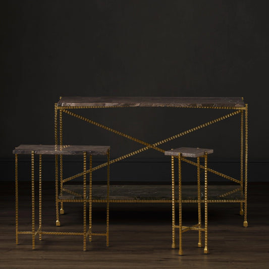 Flying Drinks Table by Currey and Company in natural, gold. Made from cappuccino stone, iron in a modern style.