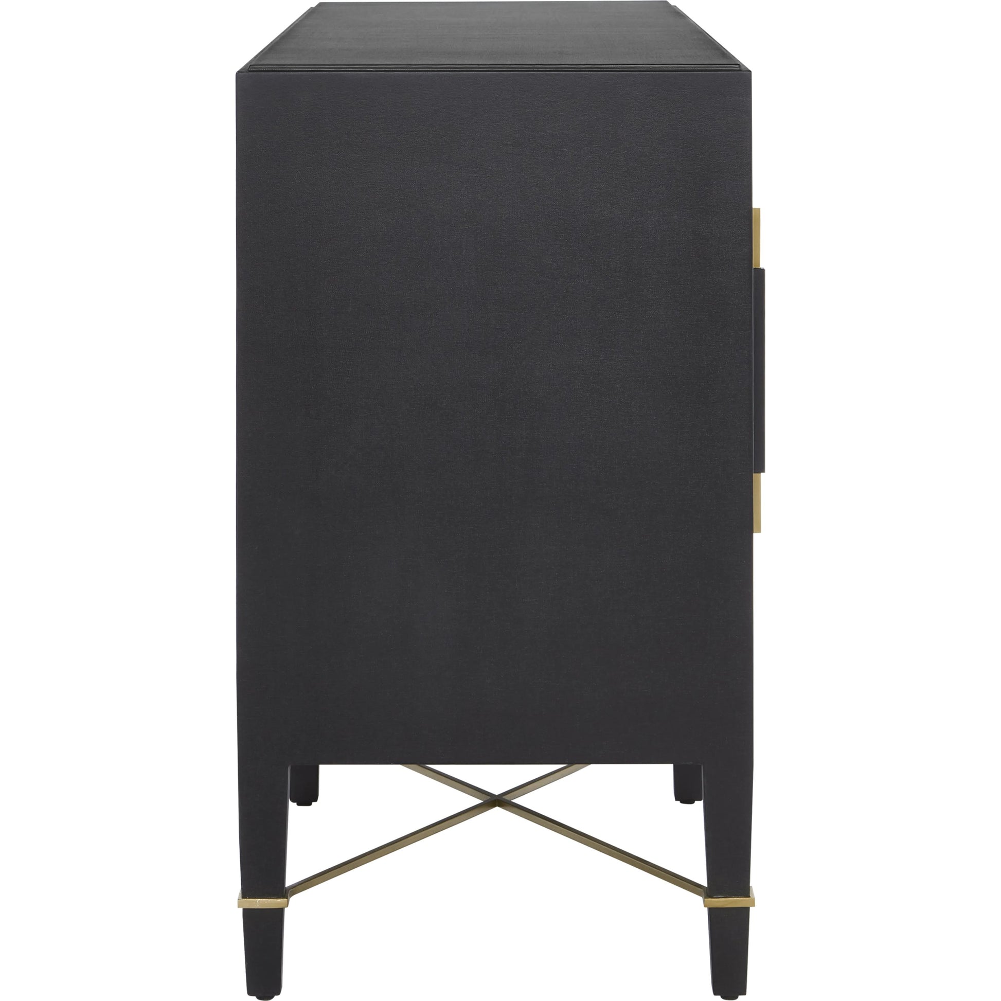 Verona Sideboard by Currey and Company in black lacquered linen, champagne stretchers, linen wrapped cha. Made from solid wood, engineered hardwood in a transitional style.