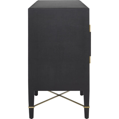 Verona Sideboard by Currey and Company in black lacquered linen, champagne stretchers, linen wrapped cha. Made from solid wood, engineered hardwood in a transitional style.