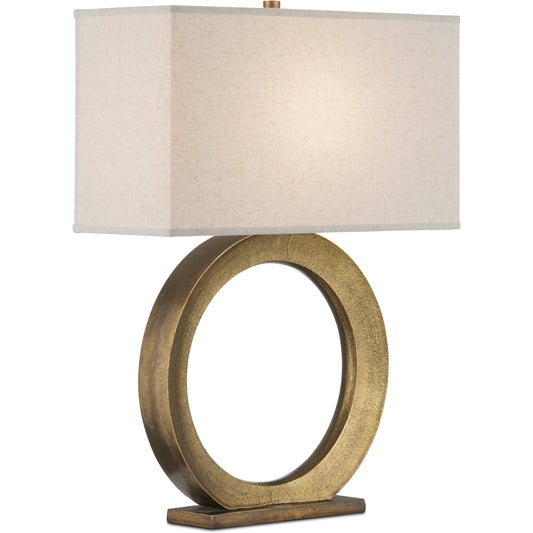 Cercle Table Lamp by Currey and Company in dark antique brass. Made from cast aluminum in a modern style.