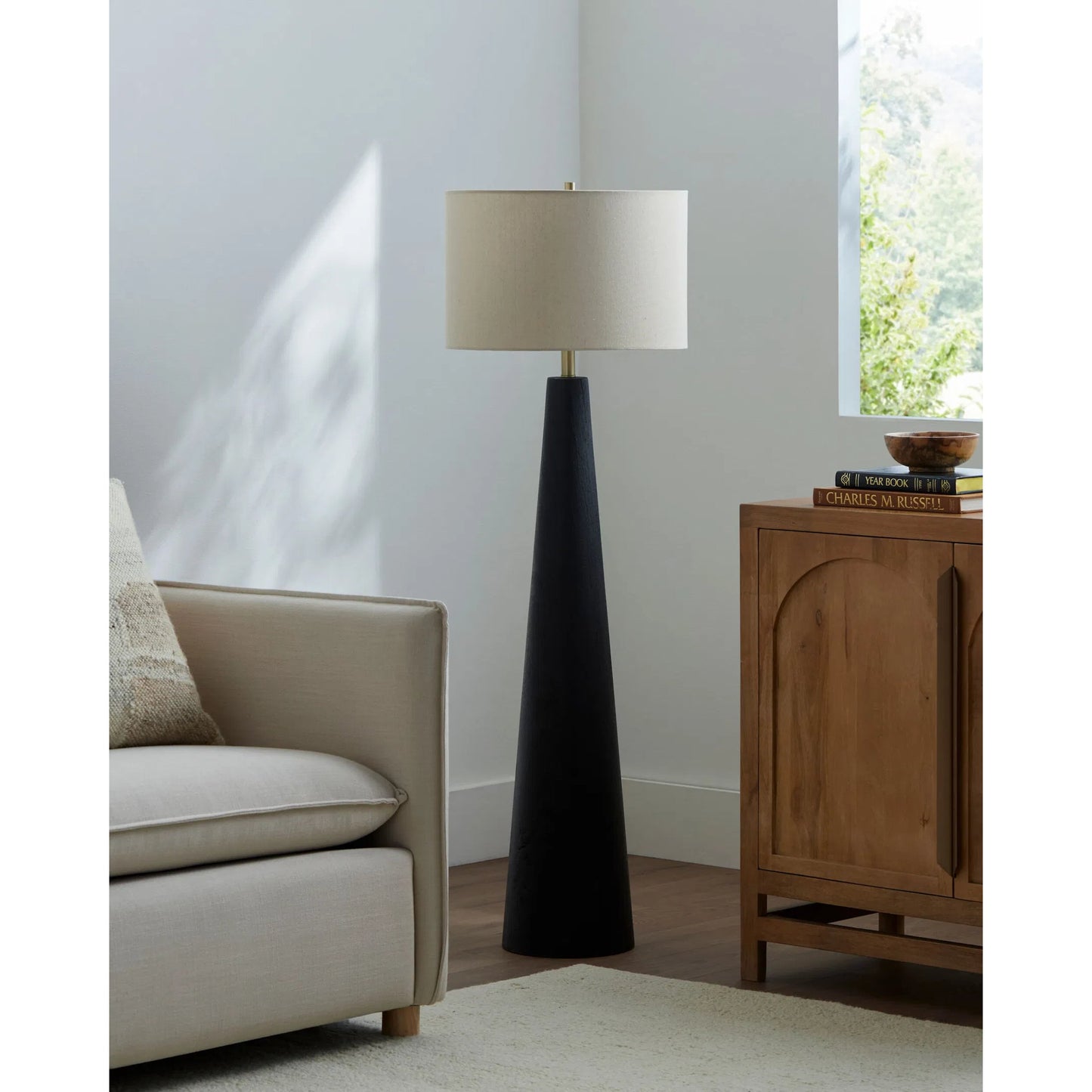 003 SI-2459583 | Lifestyle | Baobab Accent Floor Lamp by Surya. Made from rubber wood, linen, polyester, iron in a transitional style.