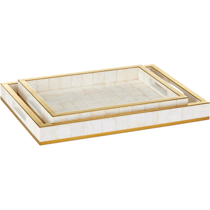 Casey Mother of Pearl Tray Set by Currey and Company in natural, brass. Made from mother of pearl, stainless steel, wood in a modern style.