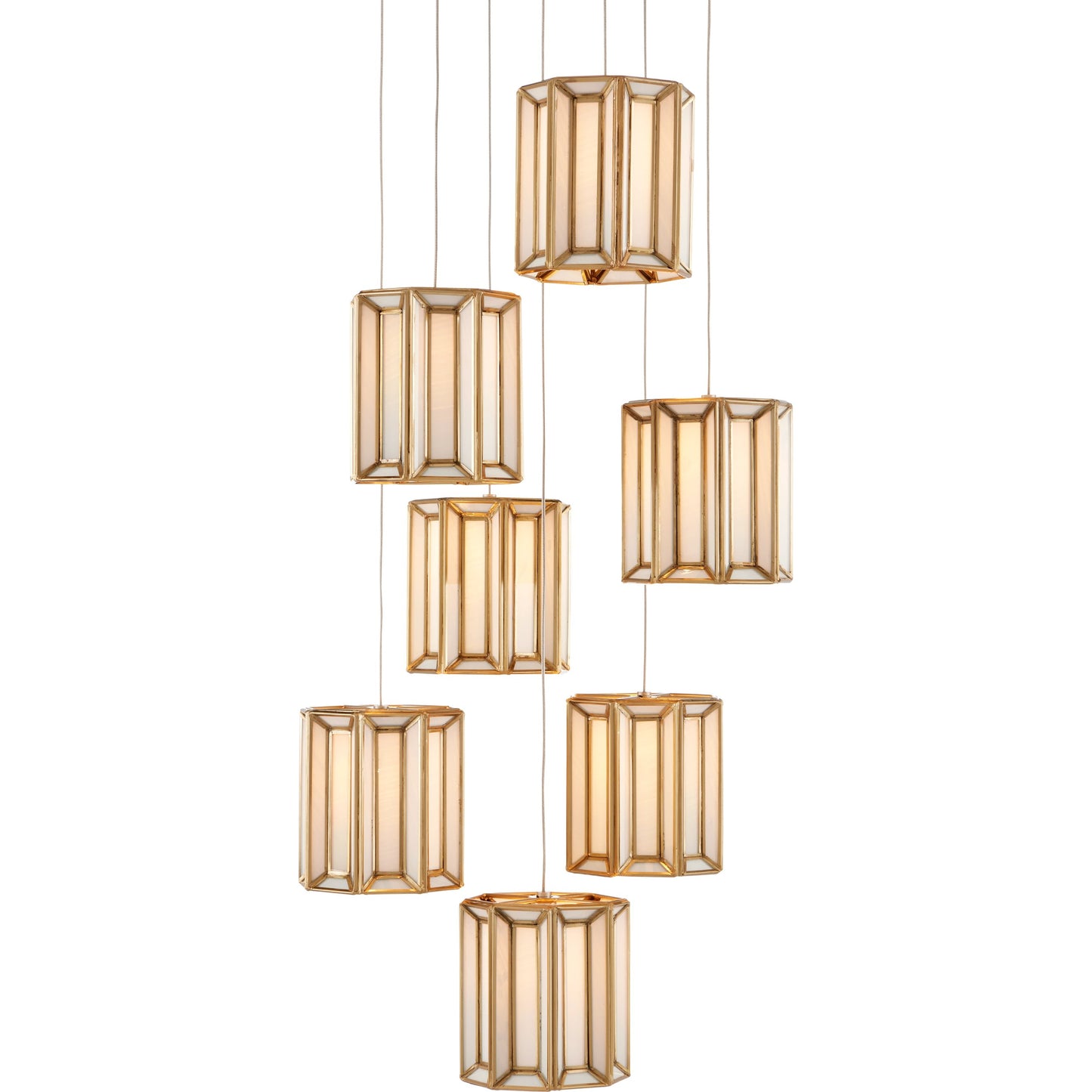 001 SI-1894268 | Primary Silo | Daze 7-LIGHT Multi-Drop Pendant by Currey and Company in antique brass, white, painted silver. Made from frosted glass in a modern style.