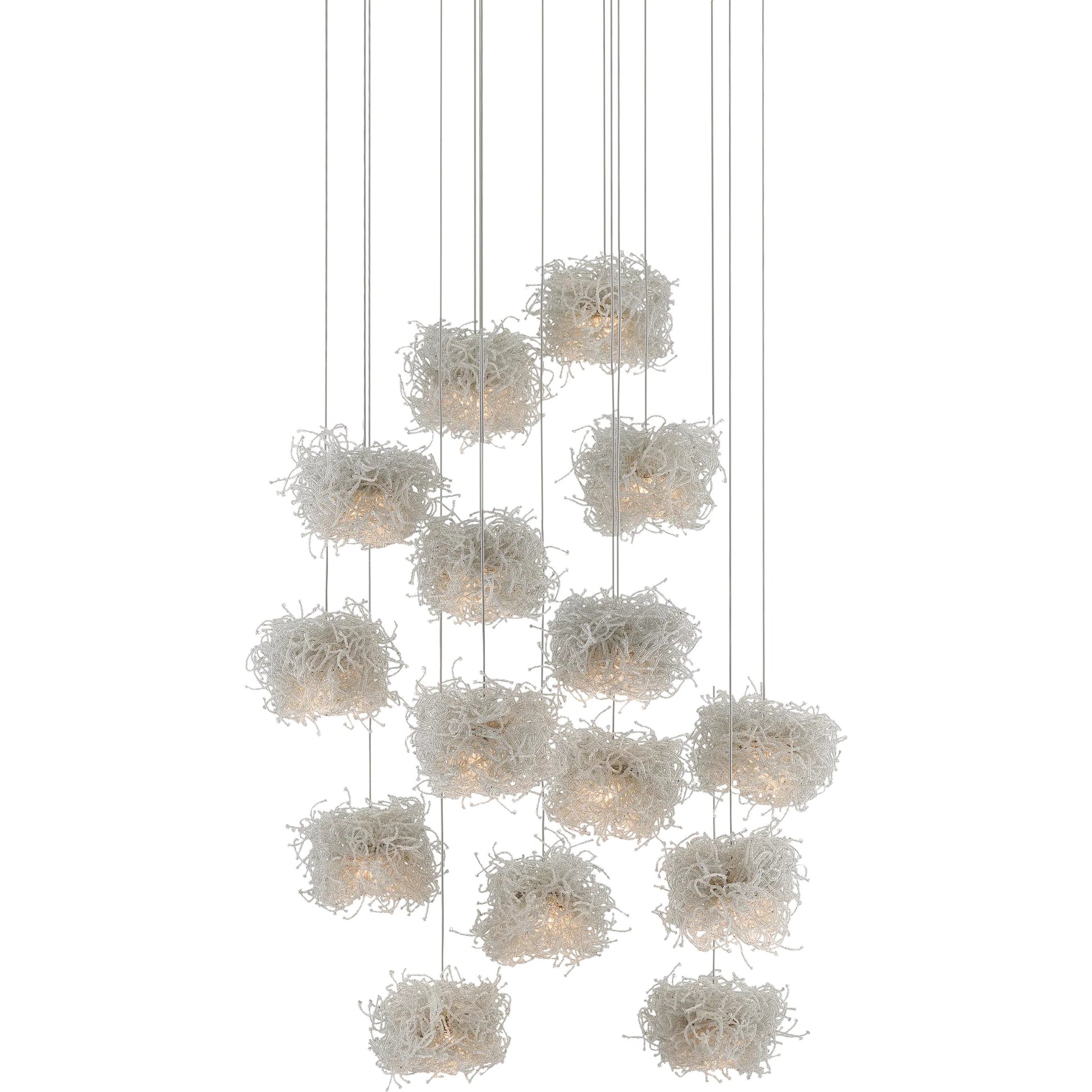 Birds Nest Pendant by Currey and Company in painted silver, clear. Made from metal, glass bead in a modern style.