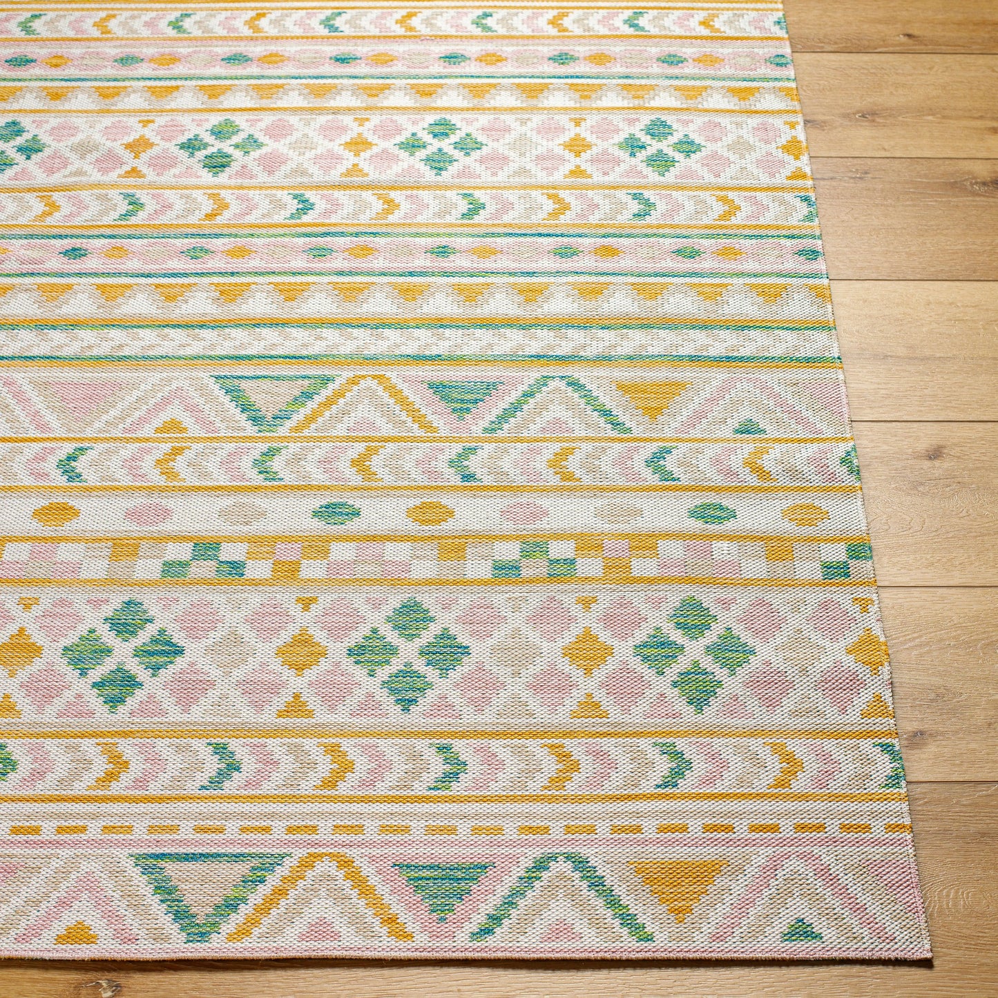 002 SI-2052562,SI-2052563,SI-2052564 | Closeup | Barbados Rug - 492245 by Livabliss in off-white, mustard, light brown, rust, pale blue. Made from face: 100% polypropylene, warp: 100% polypropylene in a unique style.