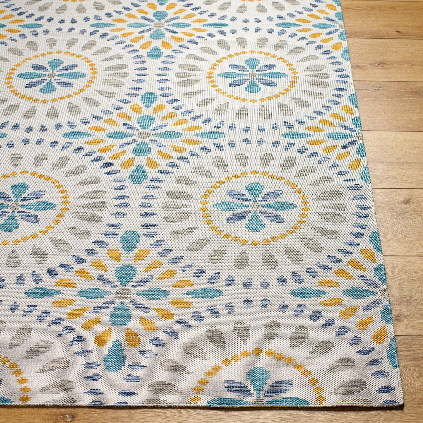 002 SI-2052577,SI-2052578 | Closeup | Barbados Rug - 492281 by Livabliss in off-white, dark blue, light gray, teal, mustard. Made from face: 100% polypropylene, warp: 100% polypropylene in a unique style.