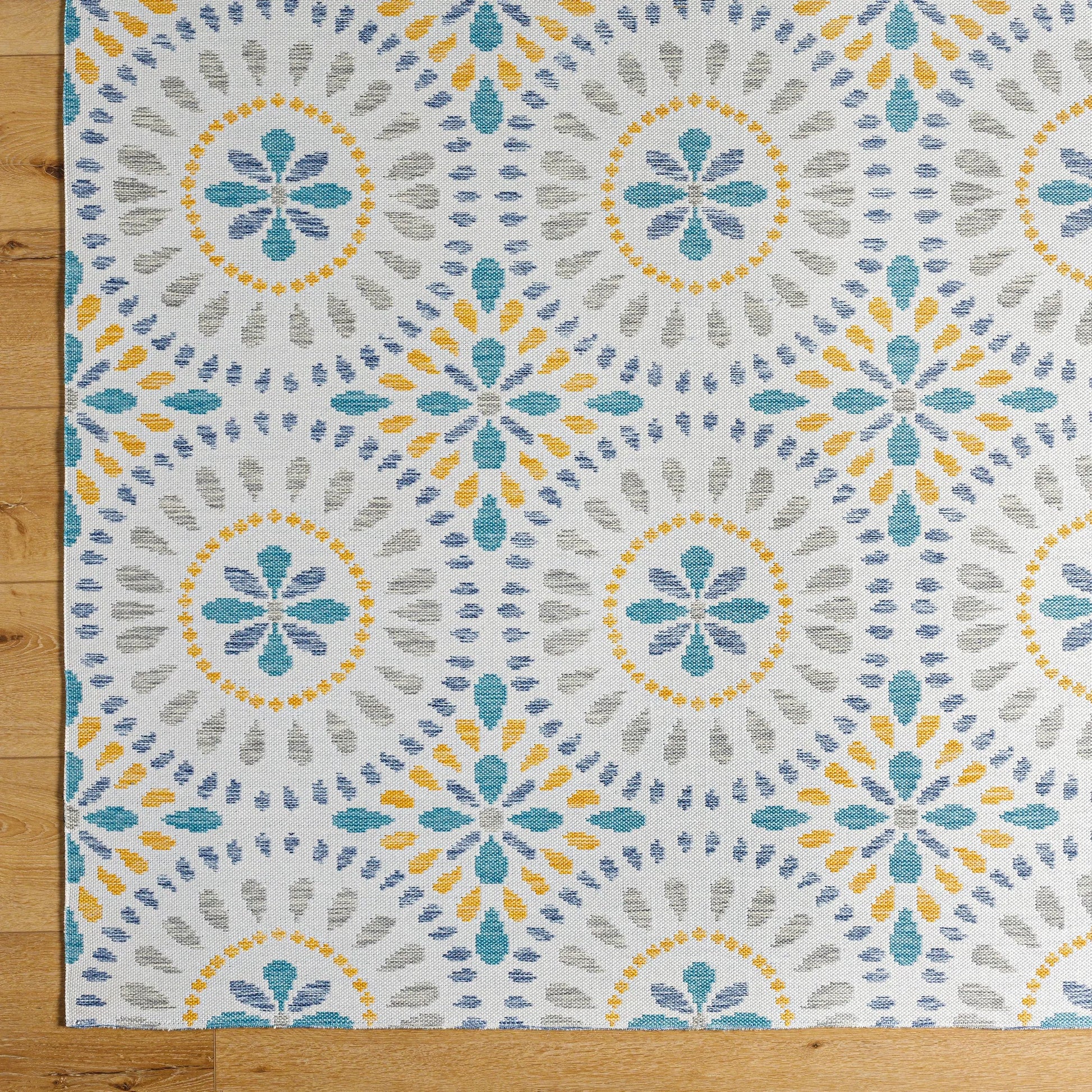 Barbados Rug - 492281 by Livabliss in off-white, dark blue, light gray, teal, mustard. Made from face: 100% polypropylene, warp: 100% polypropylene in a unique style.