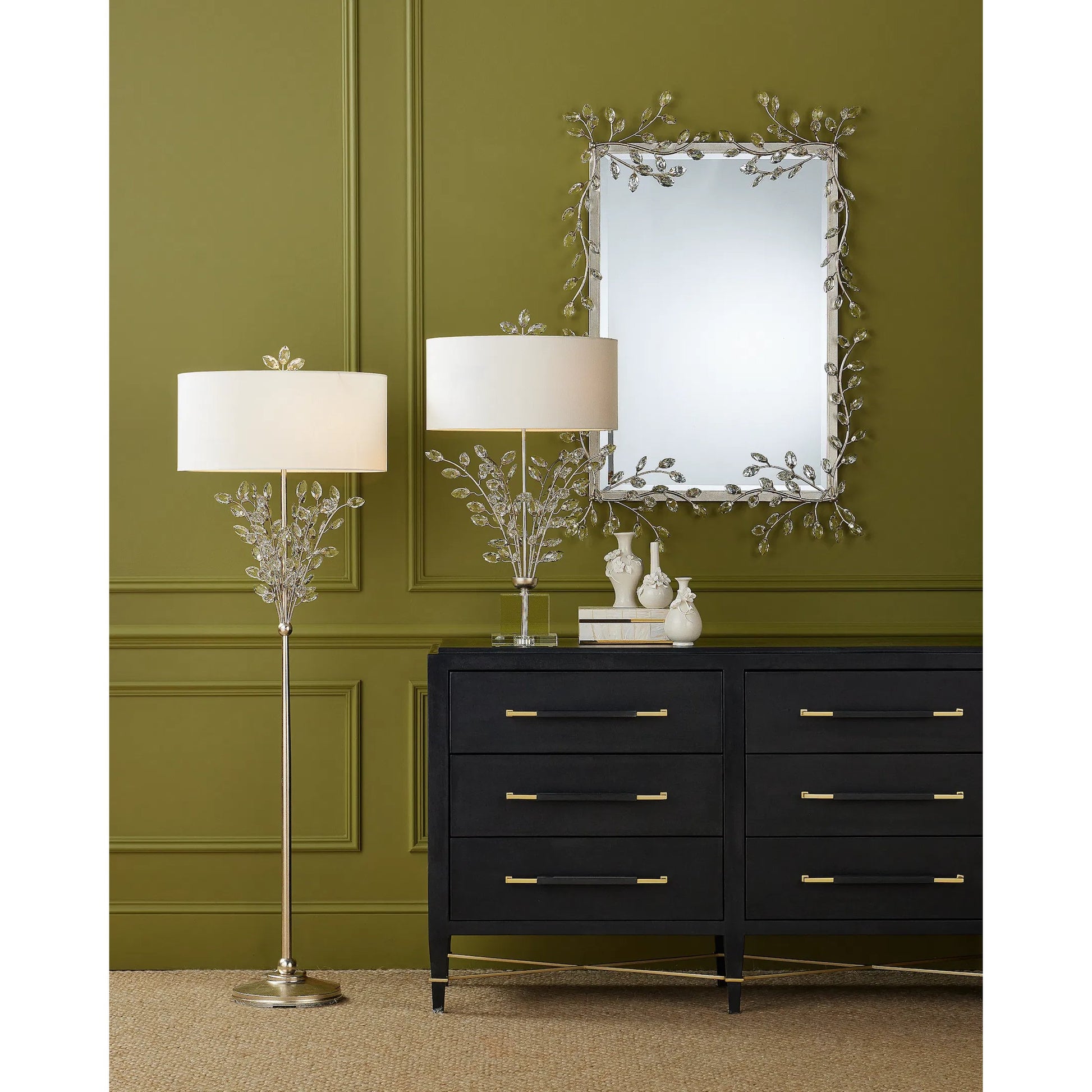Verona Six-Drawer Chest by Currey and Company in black, natural, champagne, silver. Made from lacquered linen, mahogany, engineered wood, metal, faux velvet in a modern style.