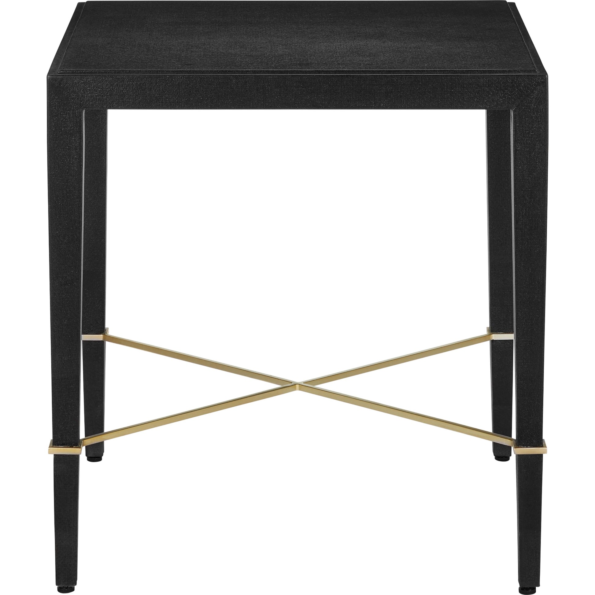 Verona End Table by Currey and Company in black lacquered linen, champagne. Made from lacquered linen, mahogany, engineered wood, metal in a modern style.