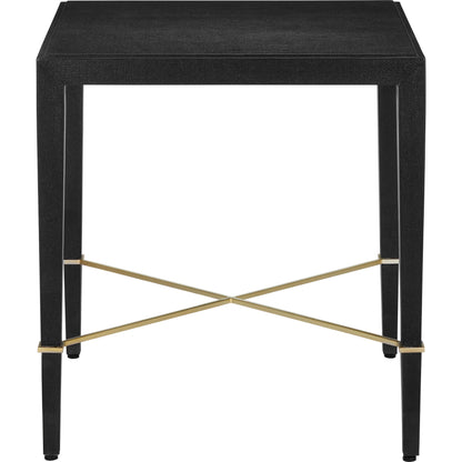 Verona End Table by Currey and Company in black lacquered linen, champagne. Made from lacquered linen, mahogany, engineered wood, metal in a modern style.