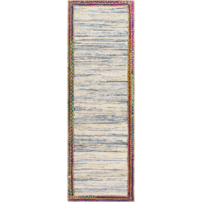 Billie BBI-2301 Rug by Livabliss in tan, dark blue, blue, light blue, beige. Made from main: 85% recycled fabric, main: 15% jute in a unique style.