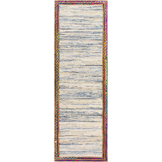 Billie BBI-2301 Rug by Livabliss in tan, dark blue, blue, light blue, beige. Made from main: 85% recycled fabric, main: 15% jute in a unique style.