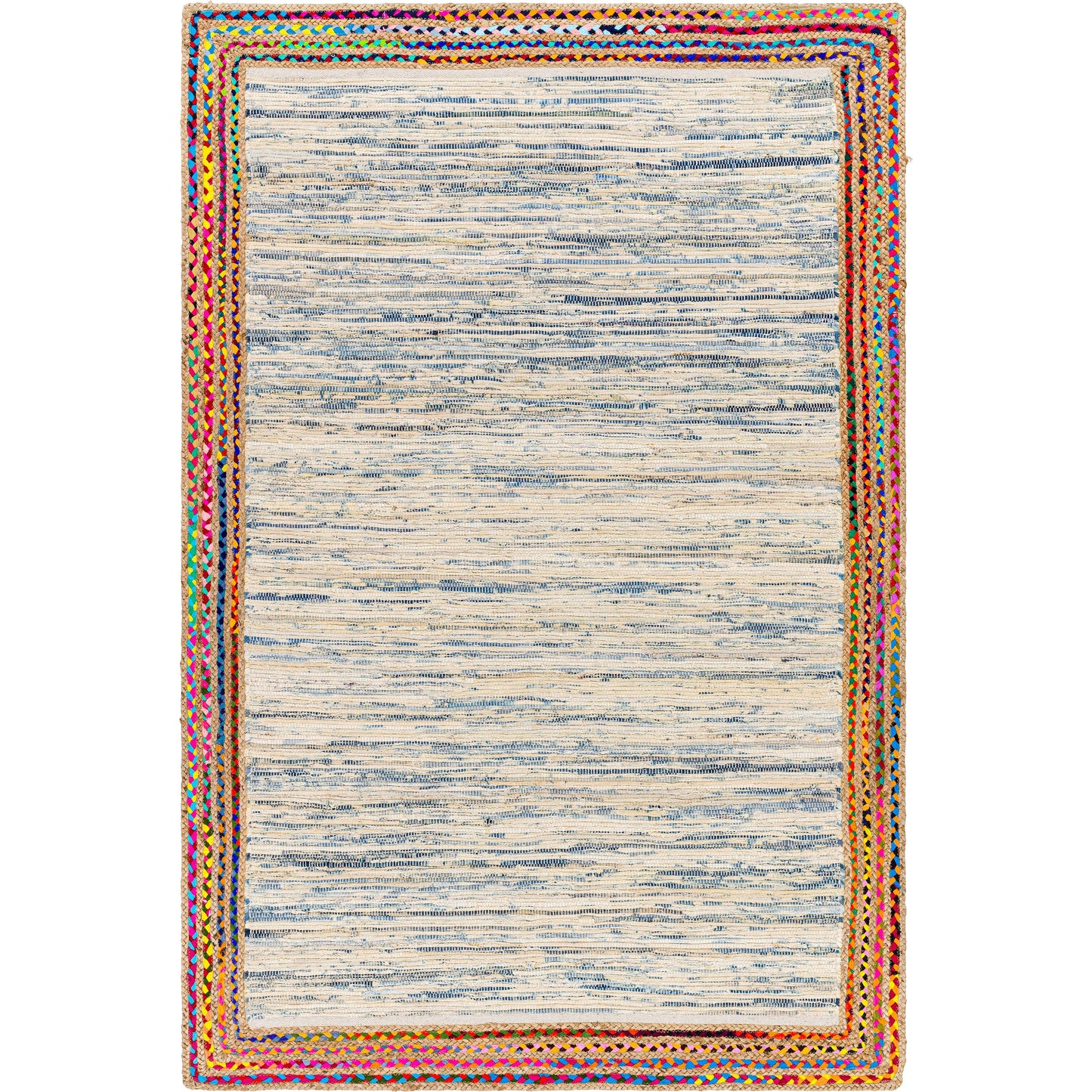 000 SI-1921823,SI-1921824,SI-1921825,SI-1921826,SI-1921827 | Primary Silo | Billie BBI-2301 Rug by Livabliss in tan, dark blue, blue, light blue, beige. Made from main: 85% recycled fabric, main: 15% jute in a unique style.