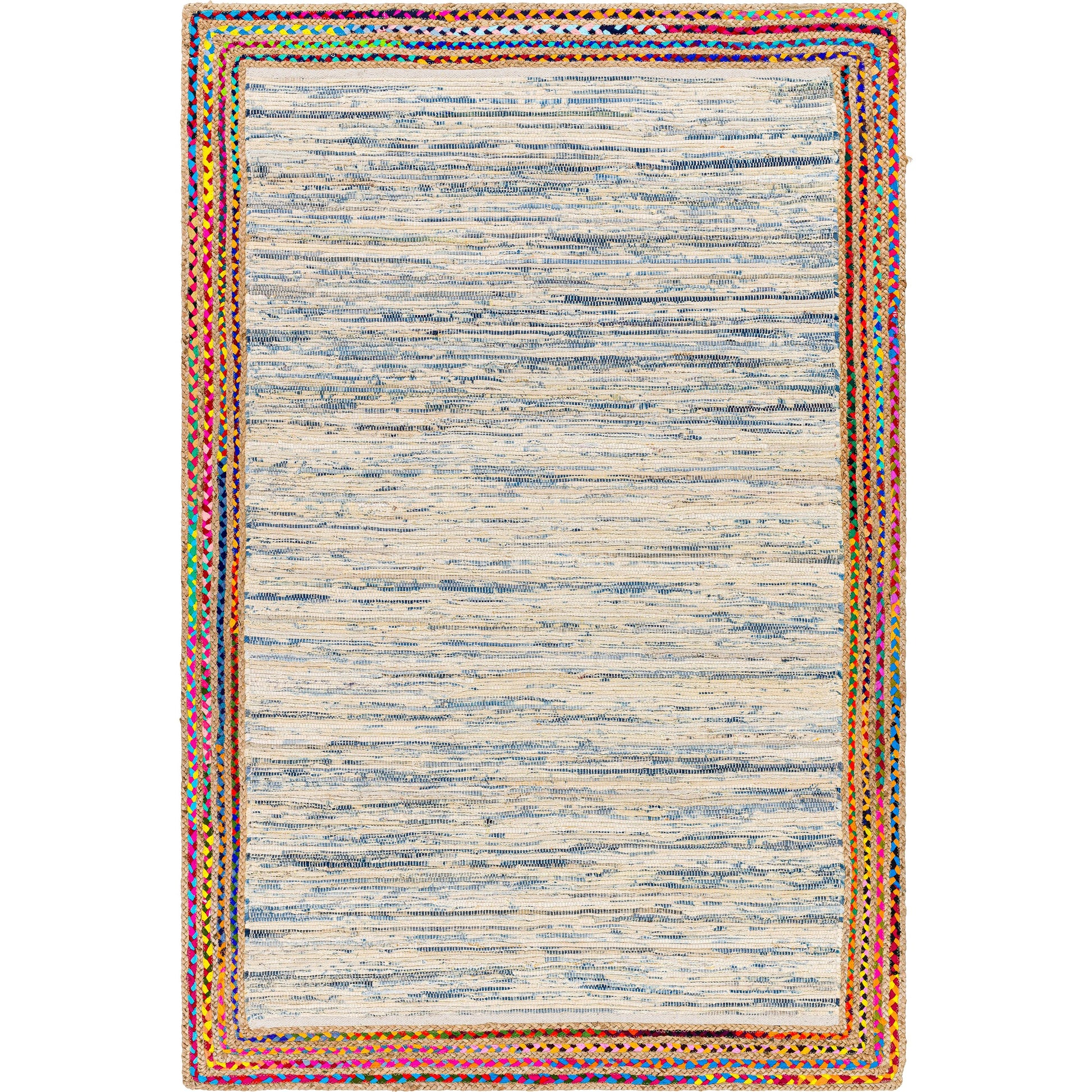 Billie BBI-2301 Rug by Livabliss in tan, dark blue, blue, light blue, beige. Made from main: 85% recycled fabric, main: 15% jute in a unique style.