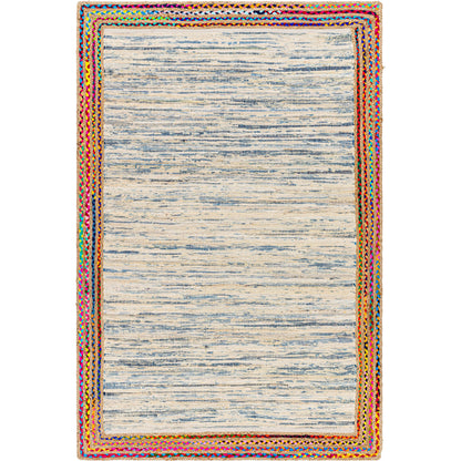 Billie BBI-2301 Rug by Livabliss in tan, dark blue, blue, light blue, beige. Made from main: 85% recycled fabric, main: 15% jute in a unique style.