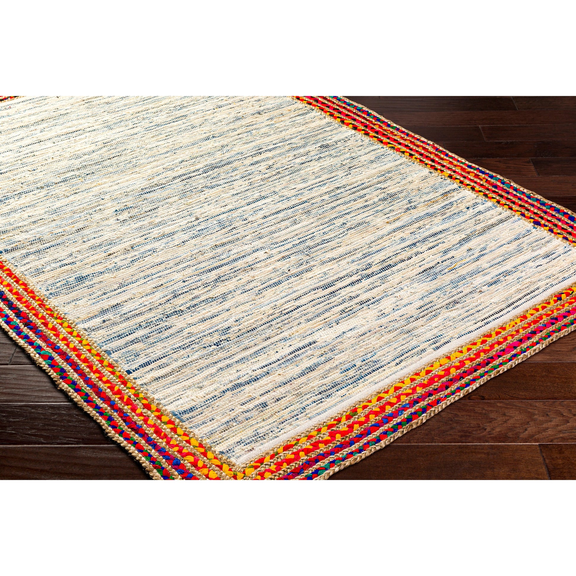 Billie BBI-2301 Rug by Livabliss in tan, dark blue, blue, light blue, beige. Made from main: 85% recycled fabric, main: 15% jute in a unique style.