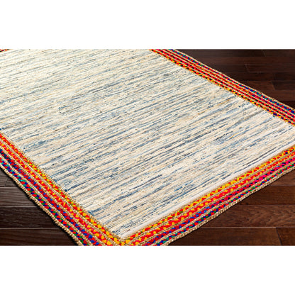 Billie BBI-2301 Rug by Livabliss in tan, dark blue, blue, light blue, beige. Made from main: 85% recycled fabric, main: 15% jute in a unique style.