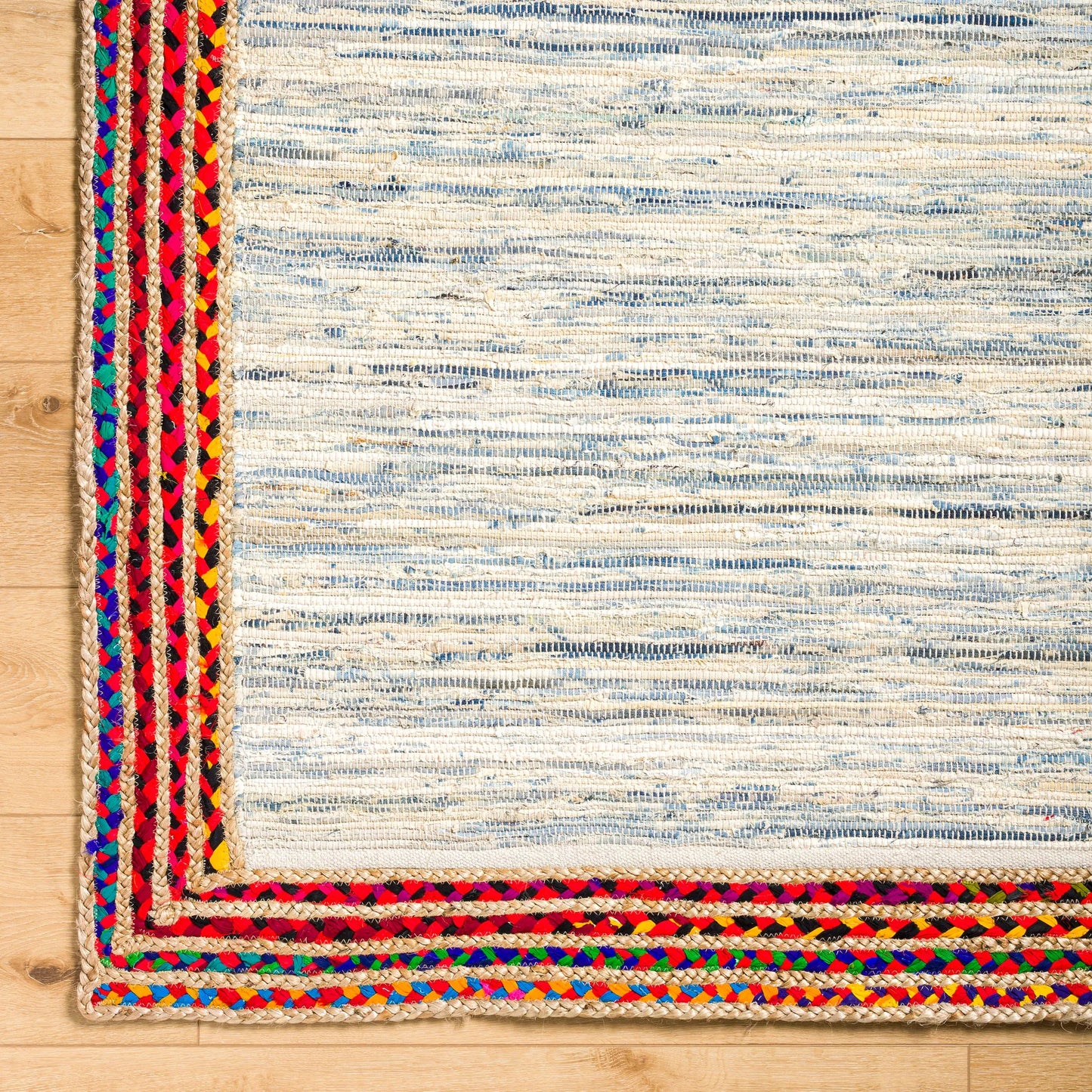 003 SI-1921822,SI-1921823,SI-1921824,SI-1921825,SI-1921826,SI-1921827 | Closeup | Billie BBI-2301 Rug by Livabliss in tan, dark blue, blue, light blue, beige. Made from main: 85% recycled fabric, main: 15% jute in a unique style.