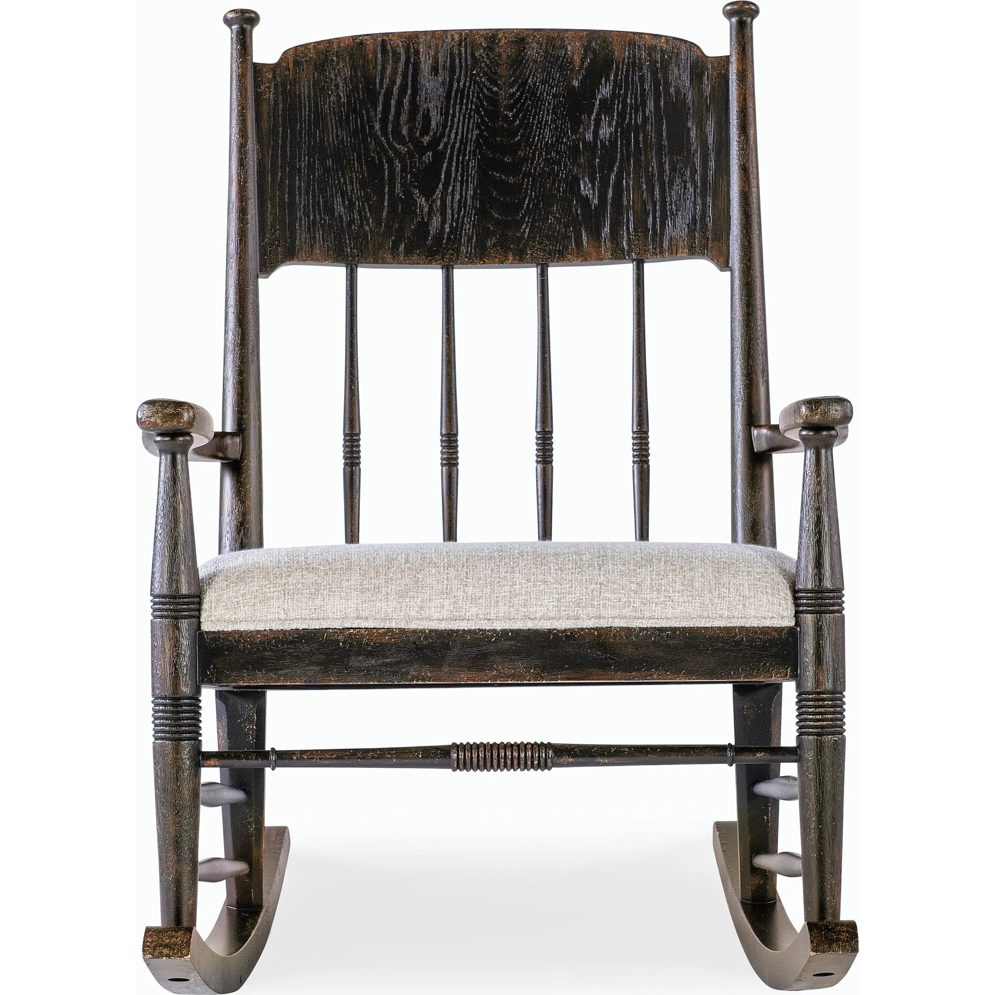 Americana Rocking Chair by Hooker Furniture in beige and molasses finish. Made from oak veneers and fabric in a cottage & farmhouse style.