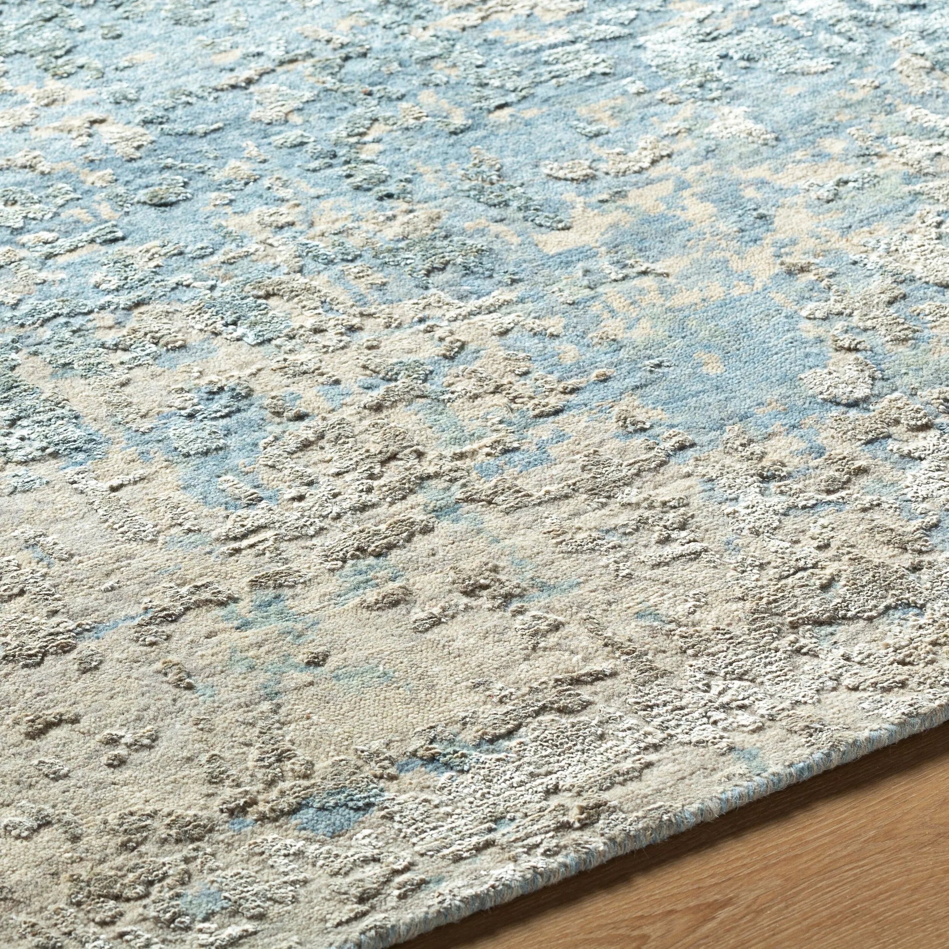 Abbey BBY-2300 Rug by Surya in light olive, olive, beige, ink blue, medium gray, dark blue. Made from main: 50% silk, main: 50% wool in a unique style.