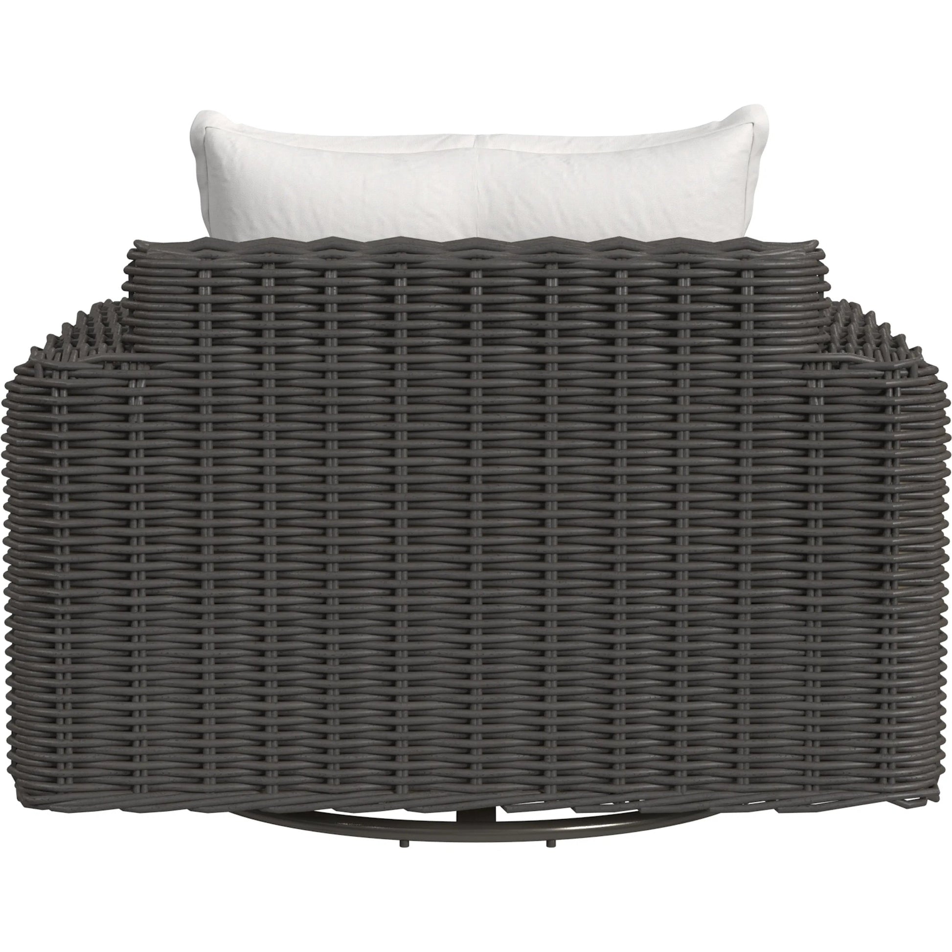 Cabo Outdoor Oversized Swivel Club Chair by Sunset West in dark wood. Made from resin wicker in a rustic style.