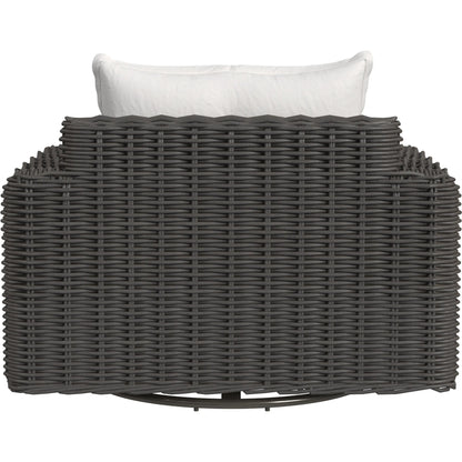 Cabo Outdoor Oversized Swivel Club Chair by Sunset West in dark wood. Made from resin wicker in a rustic style.