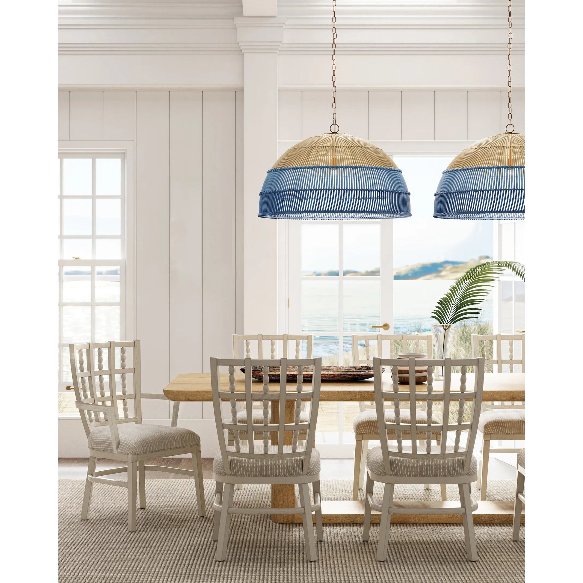 Senjyo Pendant by Currey and Company in khaki, cornflower blue, bluebonnet. Made from wrought iron, rattan in a coastal style.