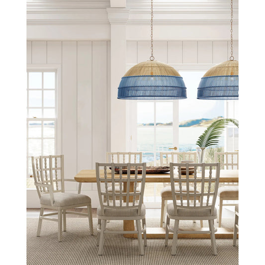 Senjyo Pendant by Currey and Company in khaki, cornflower blue, bluebonnet. Made from wrought iron, rattan in a coastal style.