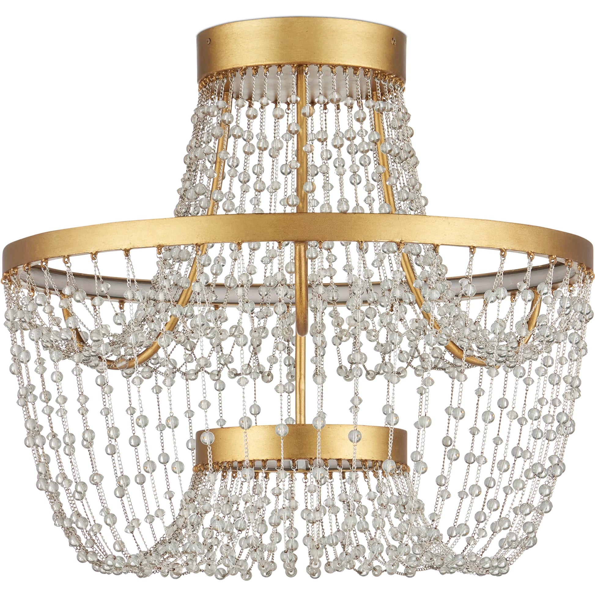 Mademoiselle Semi-Flush Mount by Currey and Company in clear, contemporary gold leaf. Made from glass beads, wrought iron in a unique style.
