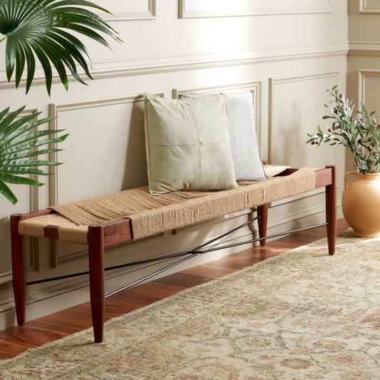 Maunabo Jute Bench by HedgeApple Essentials in natural jute, cognac. Made from sungkai wood, jute rope, iron in a modern style.