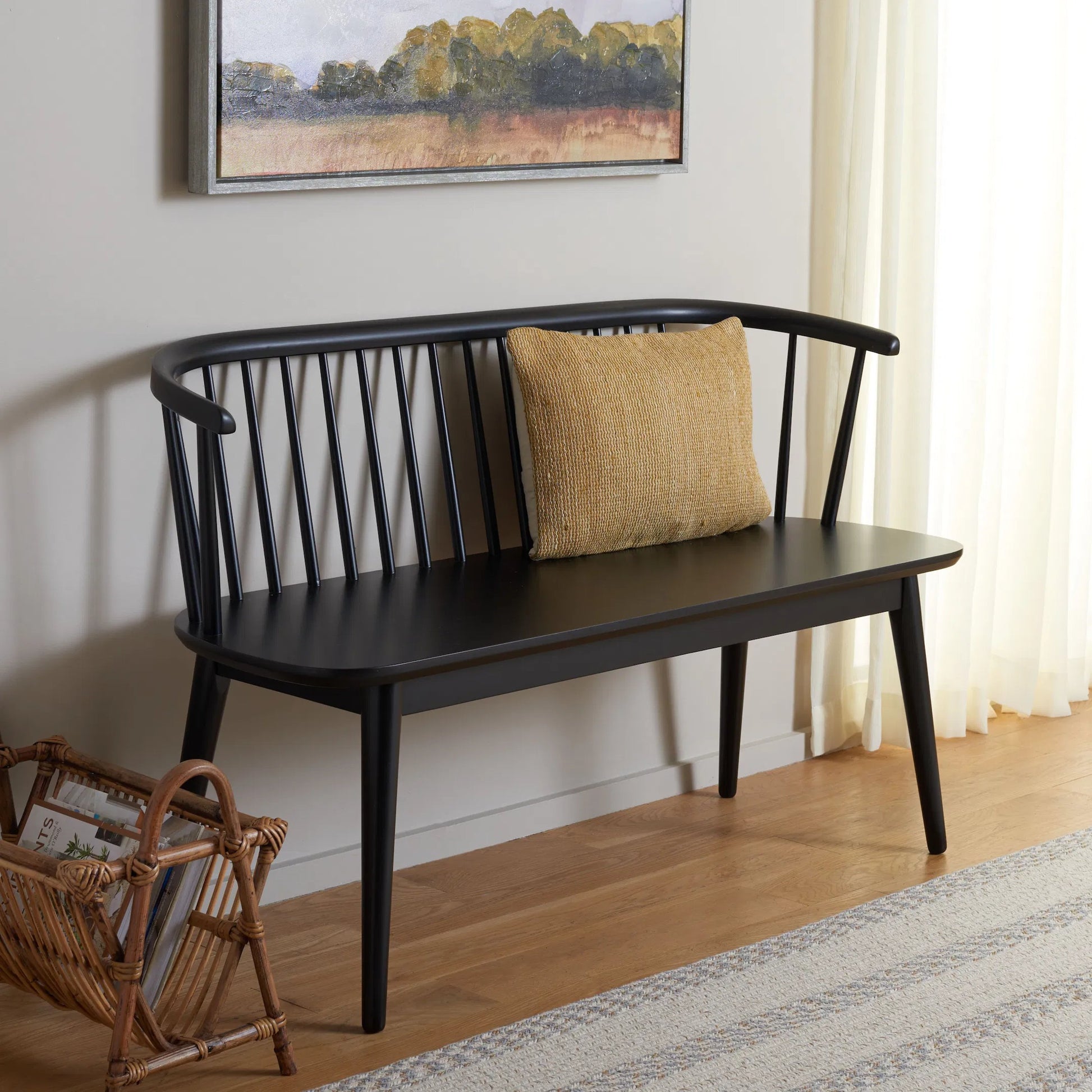 Ingham Spindle Bench by HedgeApple Essentials. Made from rubber wood, iron in a modern style.