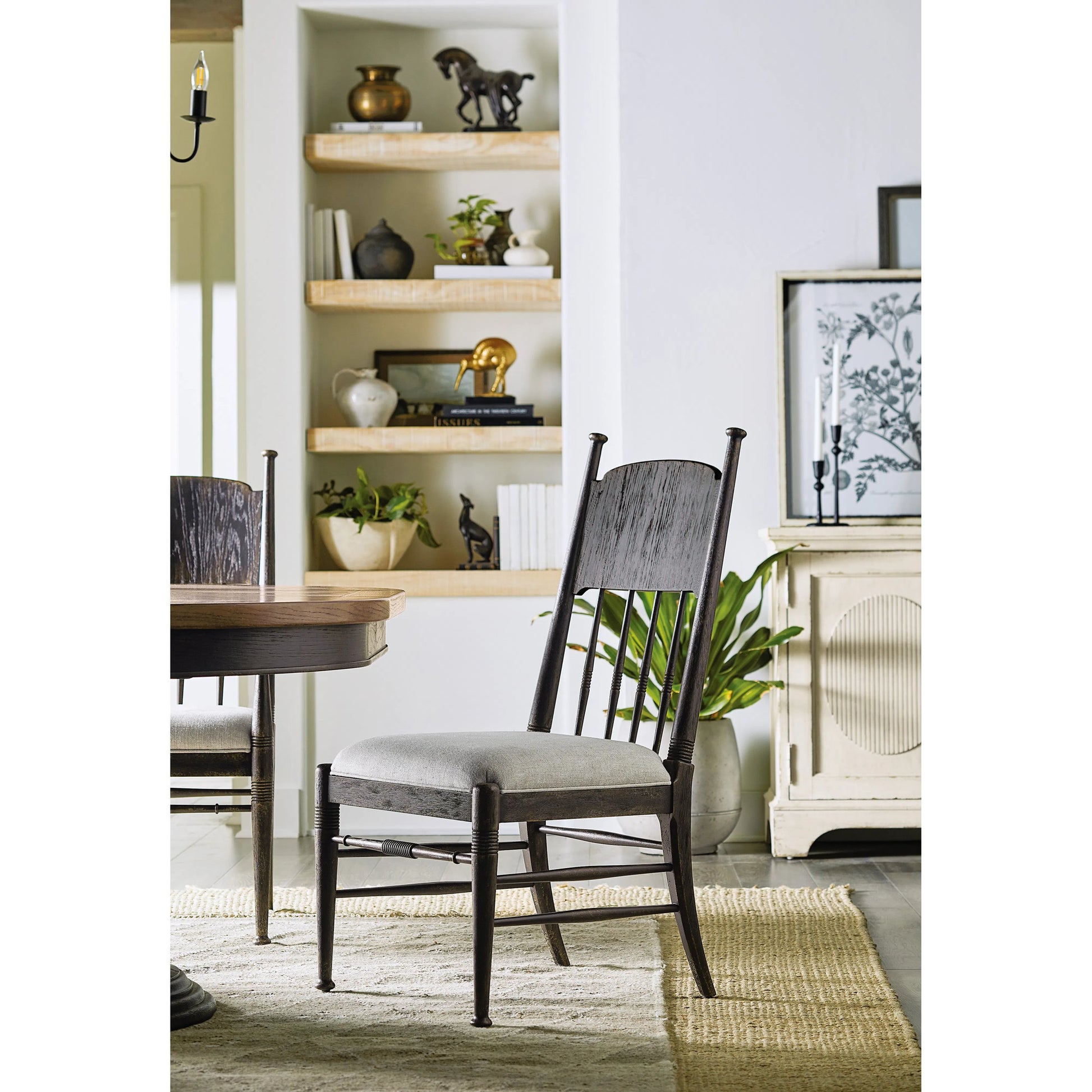 Americana Upholstered Seat Side Chair by Hooker Furniture in beige. Made from oak veneers and fabric in a cottage & farmhouse style.