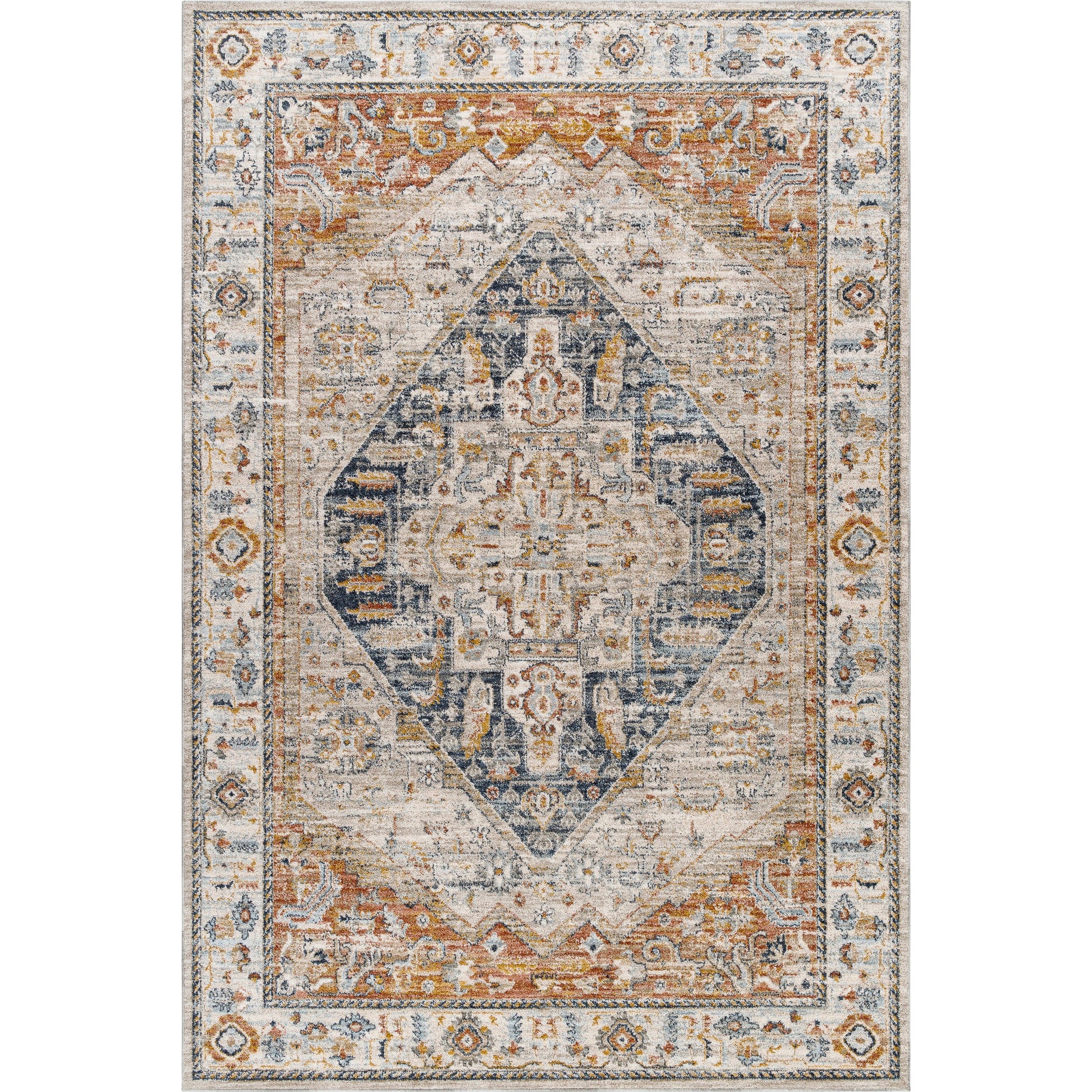 Beckham Rug by Livabliss in off-white, amber, charcoal, light slate, ice blue, medium brown. Made from main: 100% polyester in a traditional style.