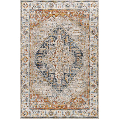 Beckham Rug by Livabliss in off-white, amber, charcoal, light slate, ice blue, medium brown. Made from main: 100% polyester in a traditional style.