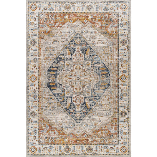 Beckham Rug by Livabliss in off-white, amber, charcoal, light slate, ice blue, medium brown. Made from main: 100% polyester in a traditional style.