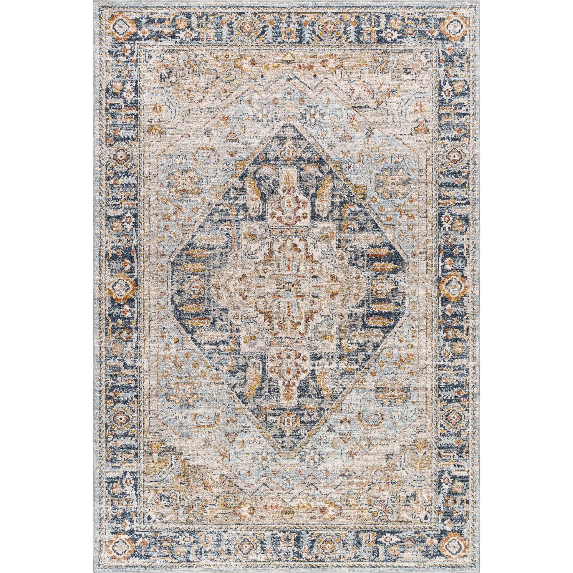 Beckham Rug - 33060 by Livabliss in charcoal, off-white, light slate, ice blue, amber, medium brown. Made from main: 100% polyester in a unique style.