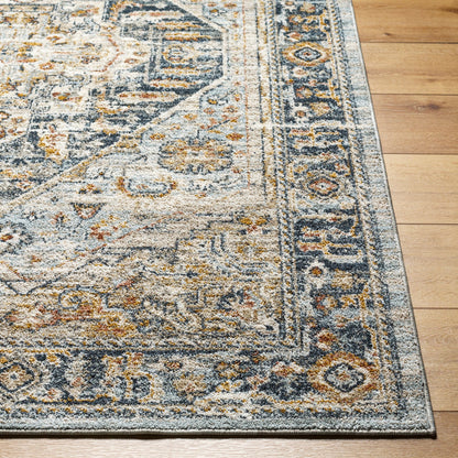 Beckham Rug - 33060 by Livabliss in charcoal, off-white, light slate, ice blue, amber, medium brown. Made from main: 100% polyester in a unique style.