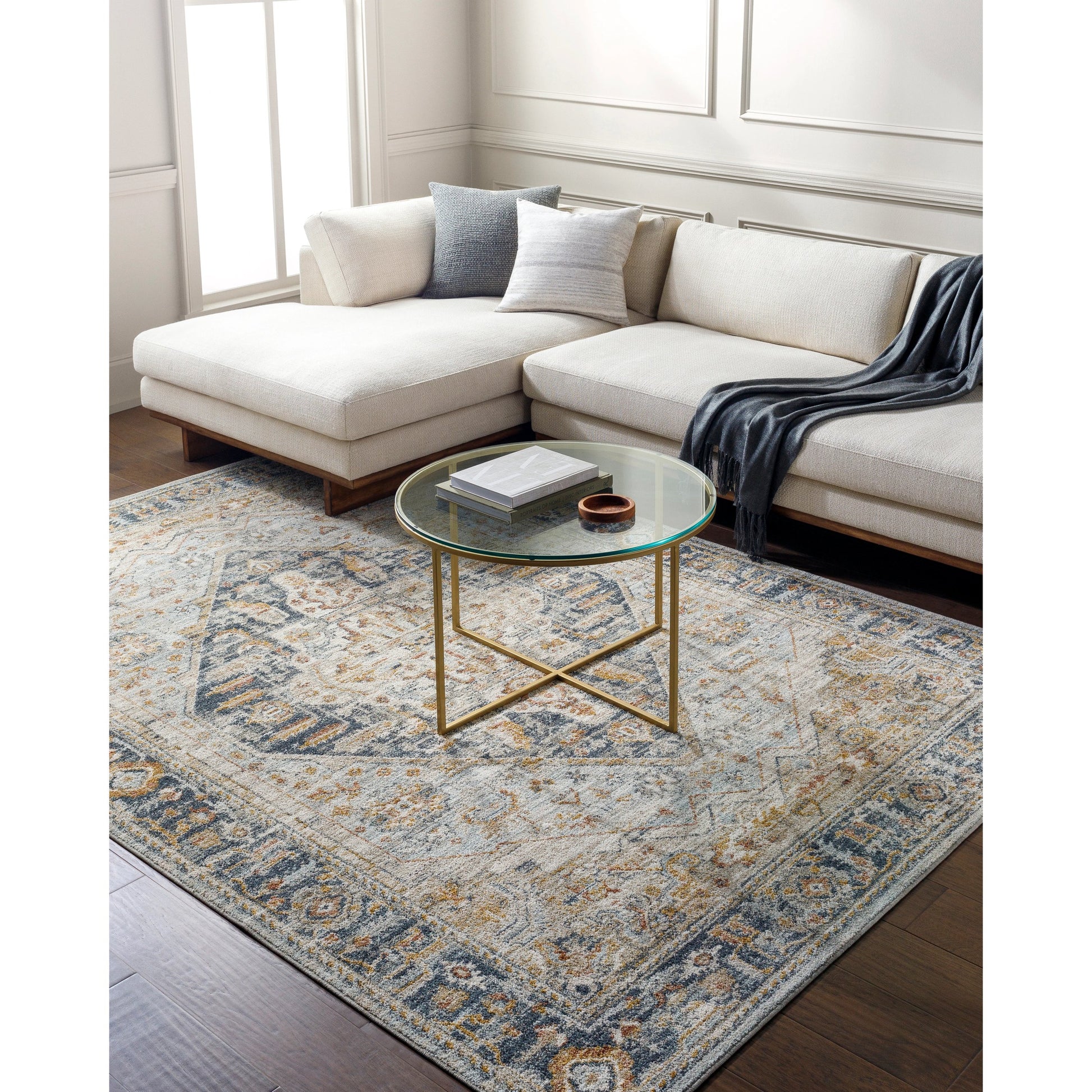 Beckham Rug - 33060 by Livabliss in charcoal, off-white, light slate, ice blue, amber, medium brown. Made from main: 100% polyester in a unique style.