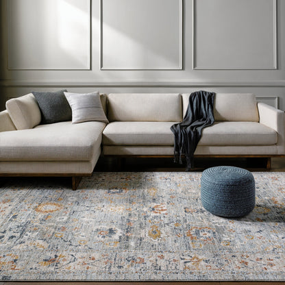 Beckham Rug - 33066 by Livabliss in medium gray, off-white, ice blue, charcoal, medium brown, amber. Made from main: 100% polyester in a unique style.