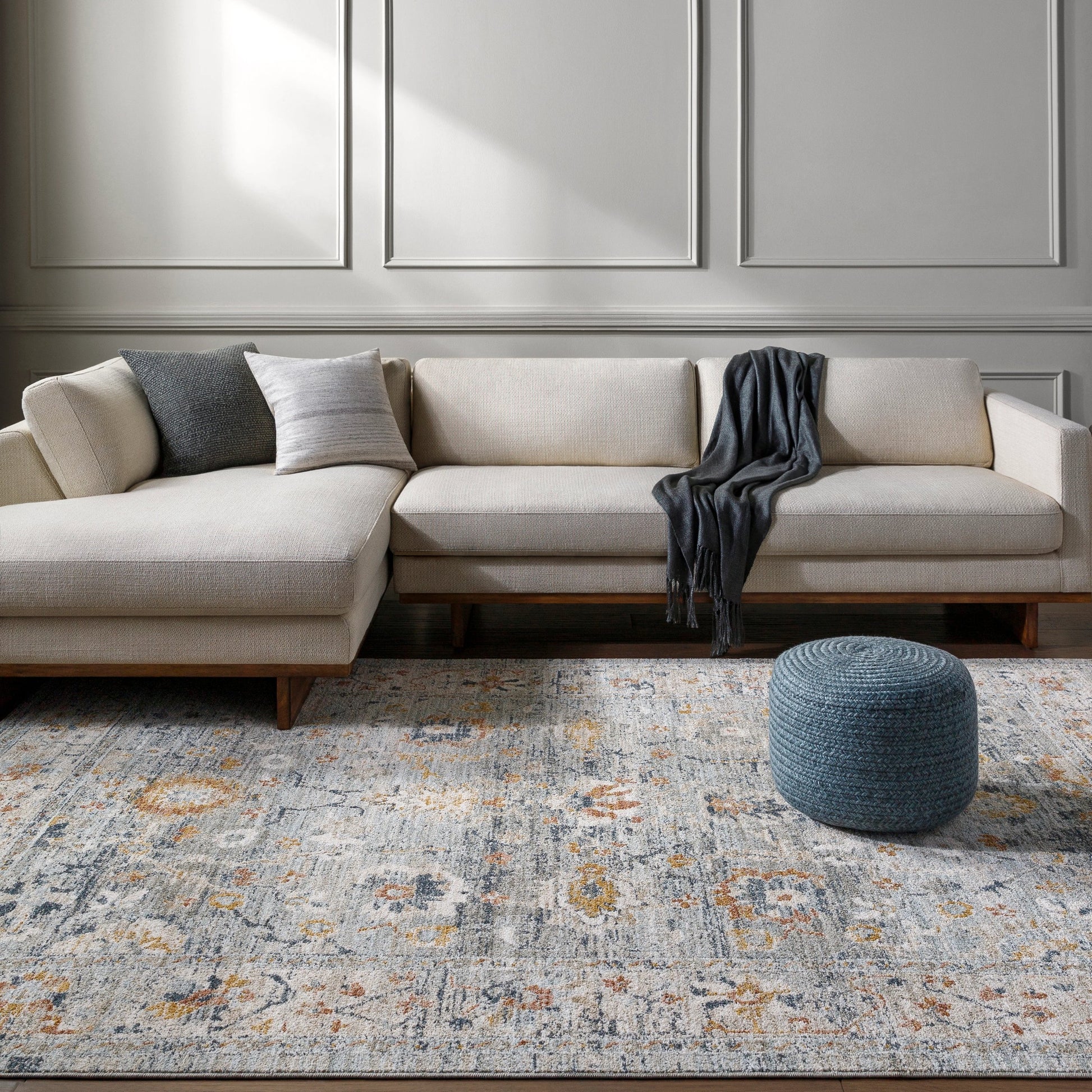 Beckham Rug - 33066 by Livabliss in medium gray, off-white, ice blue, charcoal, medium brown, amber. Made from main: 100% polyester in a unique style.