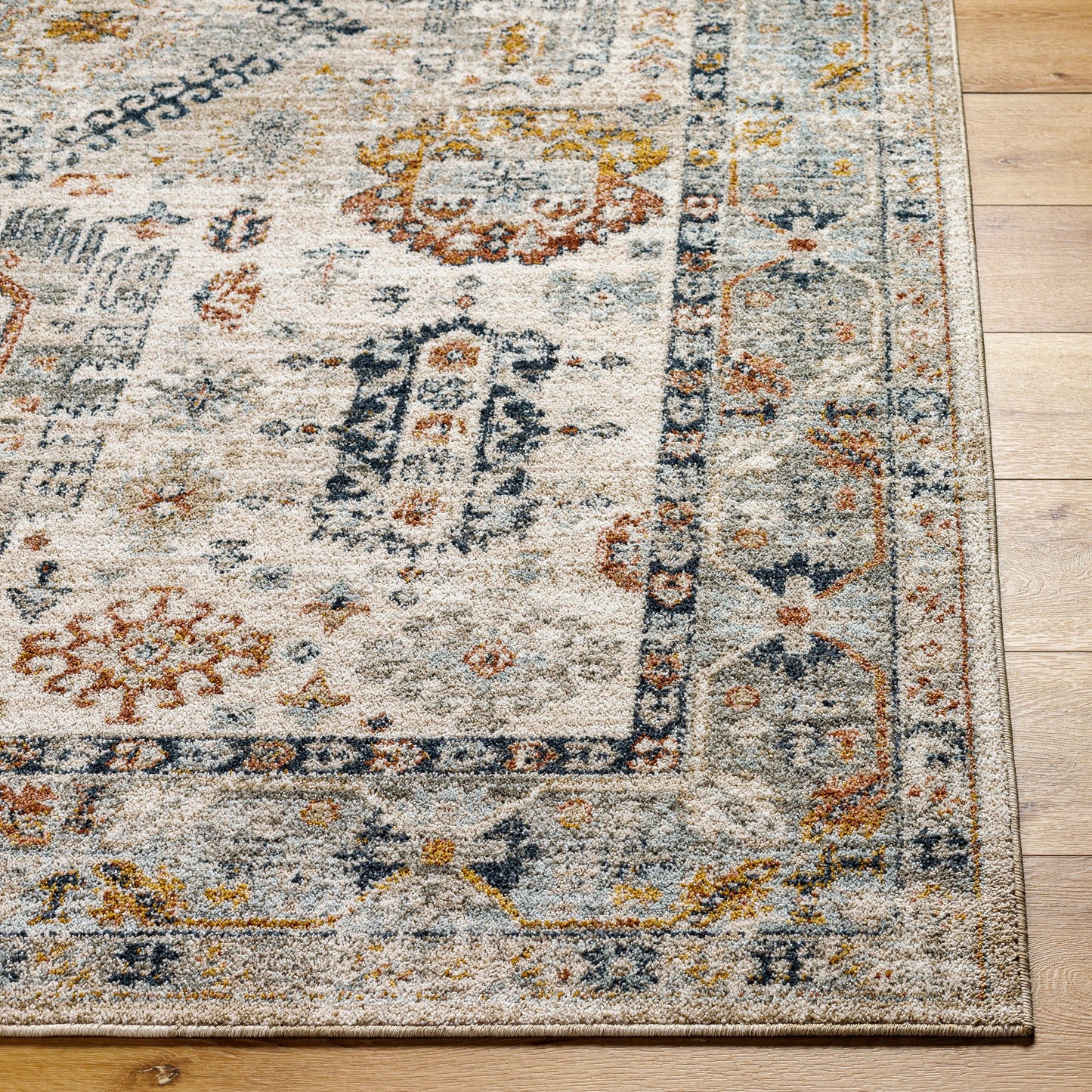 002 SI-1971530,SI-1971535,SI-1971536 | Closeup | Beckham BCM-2313 Rug by Livabliss in off-white, medium gray, ice blue, charcoal, amber, medium brown. Made from main: 100% polyester in a unique style.