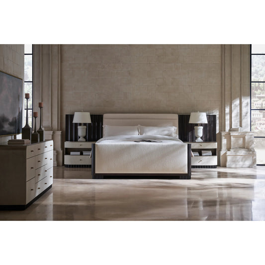 Shelter Me Bed by Caracole in black and almost black. Made from poplar in a transitional style.