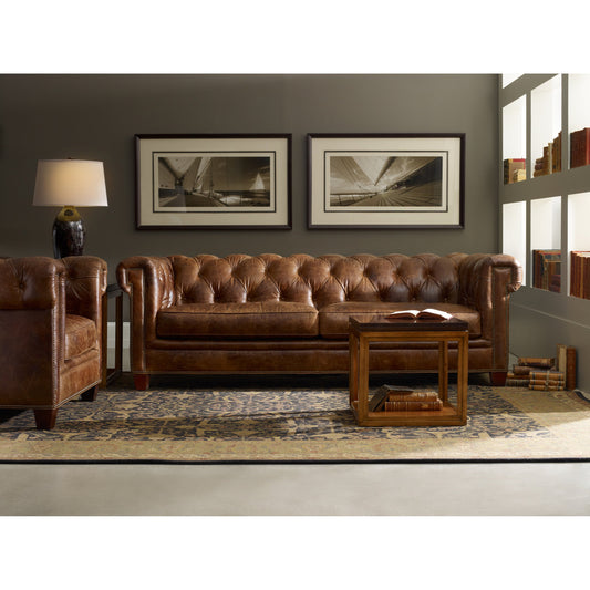Chester Stationary Sofa by Hooker Furniture in brown. Made from leather in a rustic style.