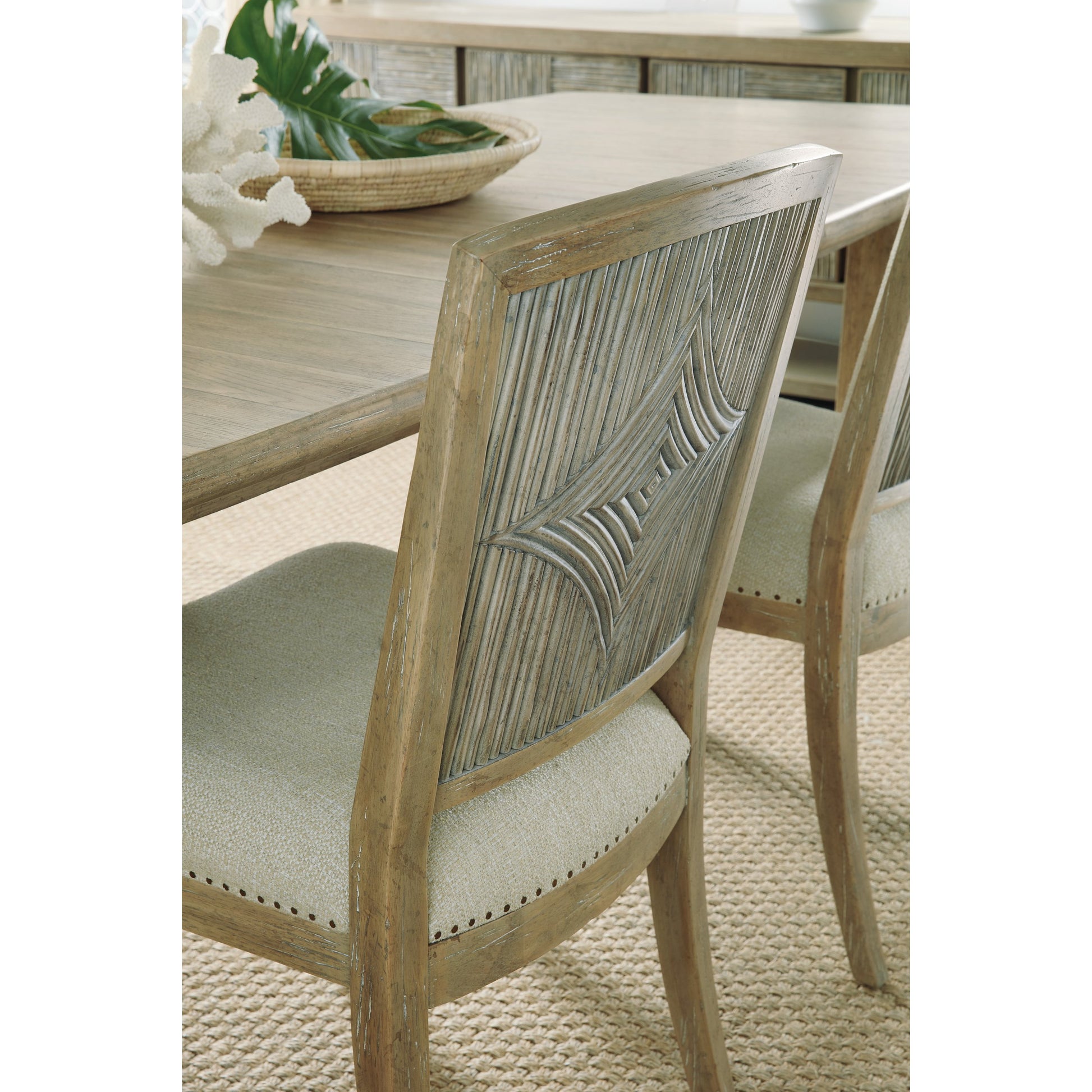 Surfrider Carved Back Side Chair (Set of 2) by Hooker Furniture in beige and driftwood, zuri cream. Made from fabric, foam, resin, nailheads in a traditional style.