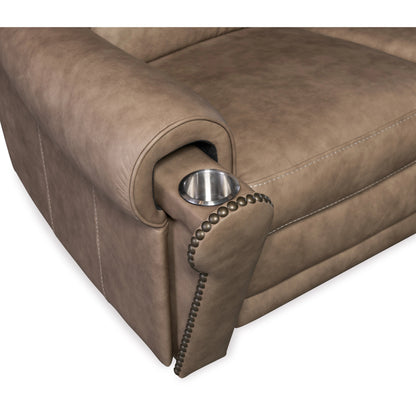 Duncan Power Loveseat by Hooker Furniture in kalahari bark. Made from leather, kalahari bark (semi-aniline top grain with splits) in a traditional style.