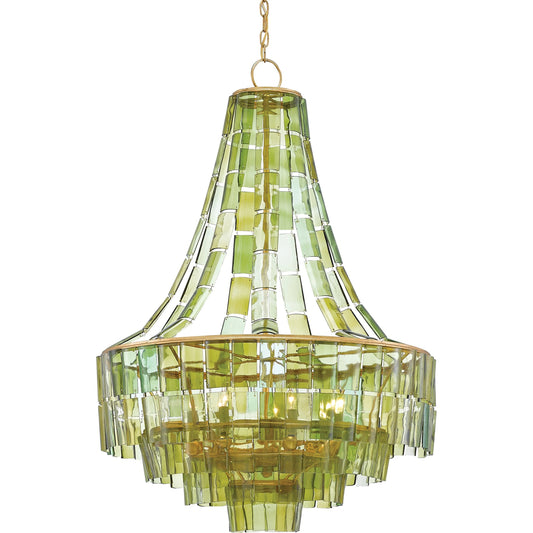 Vintner Chandelier by Currey and Company in dark contemporary gold leaf, green. Made from wrought iron, bottle glass in a modern style.