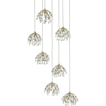 Crystal Bud Pendant by Currey and Company in painted silver, contemporary silver leaf. Made from crystal, wrought iron in a transitional style.