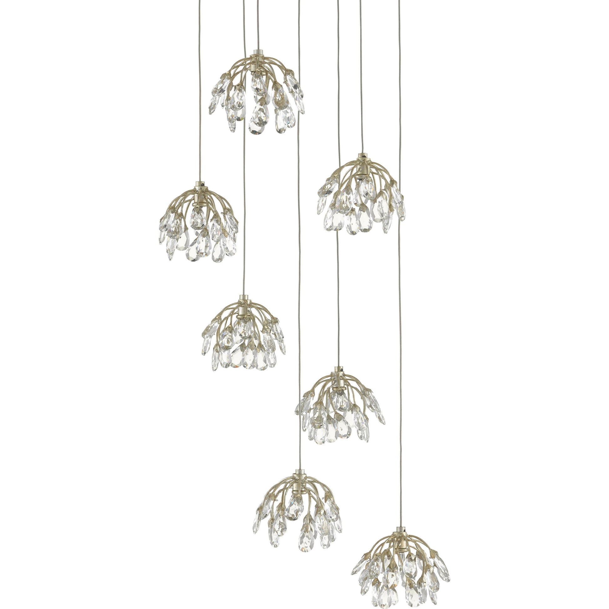 Crystal Bud Pendant by Currey and Company in painted silver, contemporary silver leaf. Made from crystal, wrought iron in a transitional style.