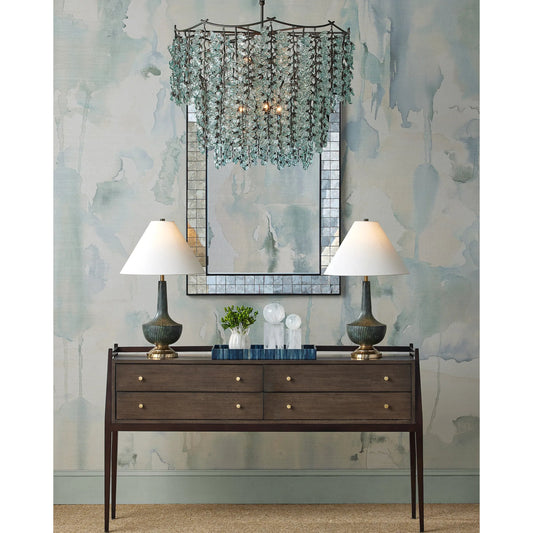 Herbary Chandelier by Currey and Company in clear, bronze. Made from recycled glass, wrought iron in a modern style.